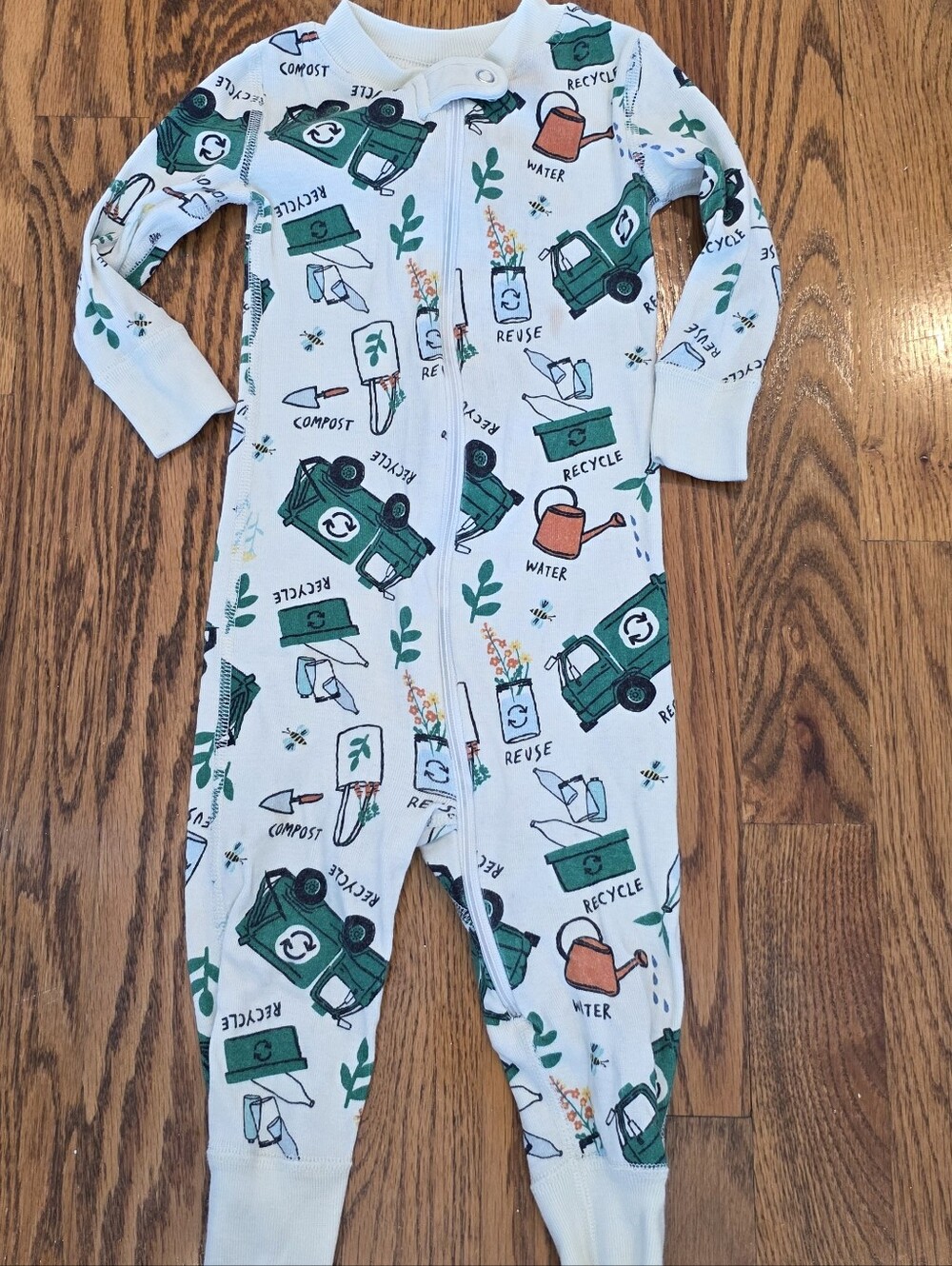 Hanna Andersson White Footed One-Piece with Green Recycle Print